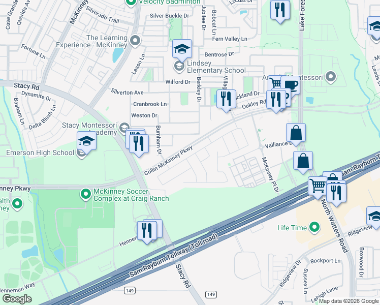 map of restaurants, bars, coffee shops, grocery stores, and more near 5608 Amphora Avenue in McKinney