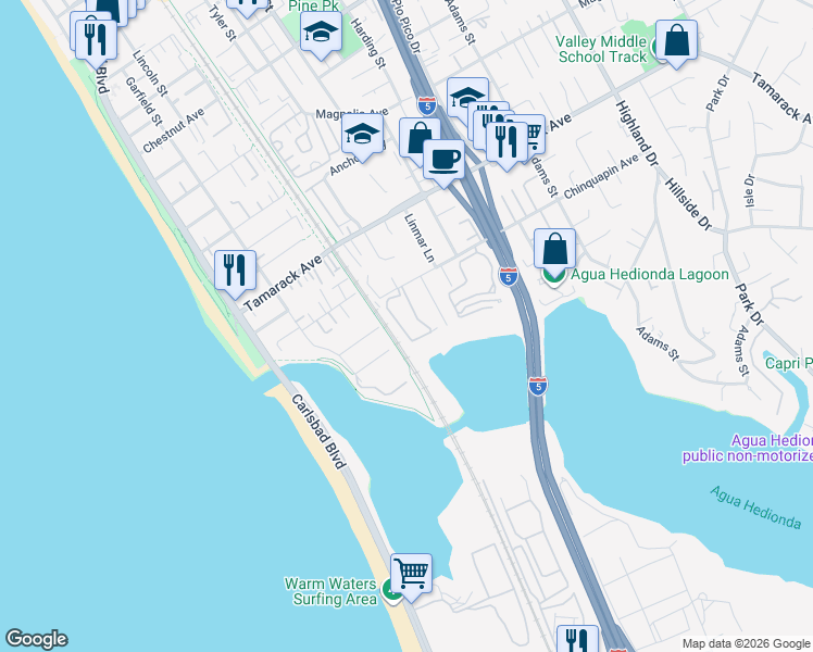 map of restaurants, bars, coffee shops, grocery stores, and more near 4014 Aguila Street in Carlsbad