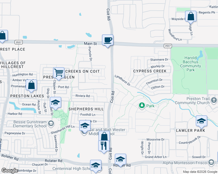 map of restaurants, bars, coffee shops, grocery stores, and more near 12606 Ark Road in Frisco
