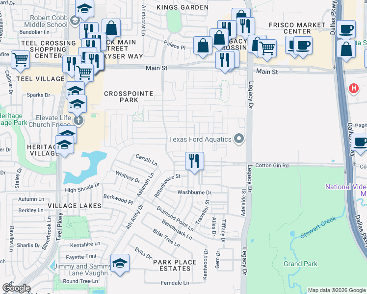 map of restaurants, bars, coffee shops, grocery stores, and more near 8239 Kentland Drive in Frisco