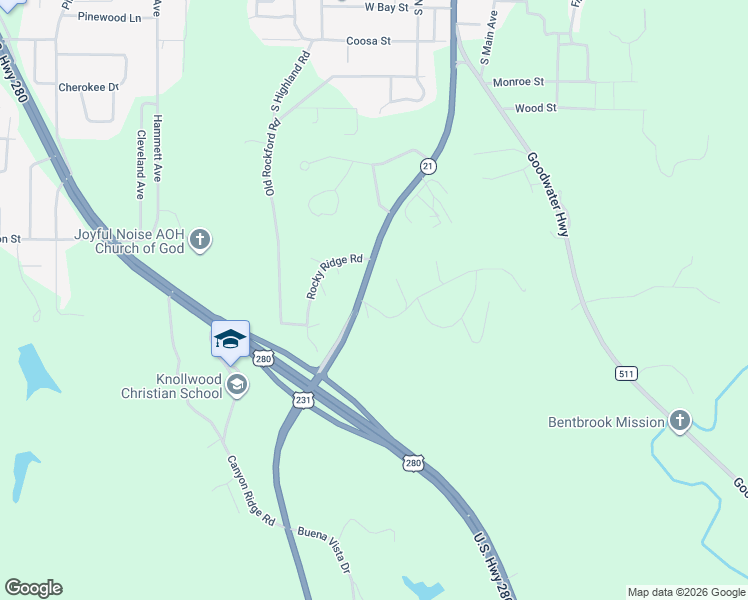 map of restaurants, bars, coffee shops, grocery stores, and more near 1 Brookside Drive in Sylacauga