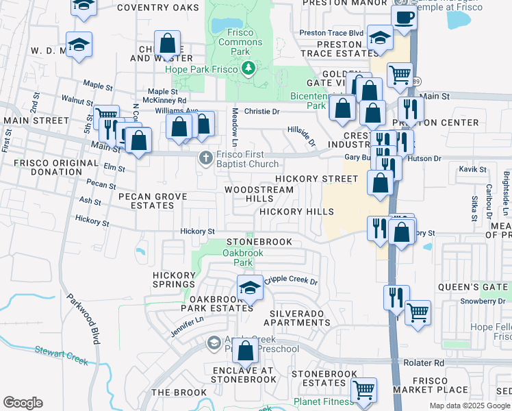 map of restaurants, bars, coffee shops, grocery stores, and more near 8639 Woodstream Drive in Frisco