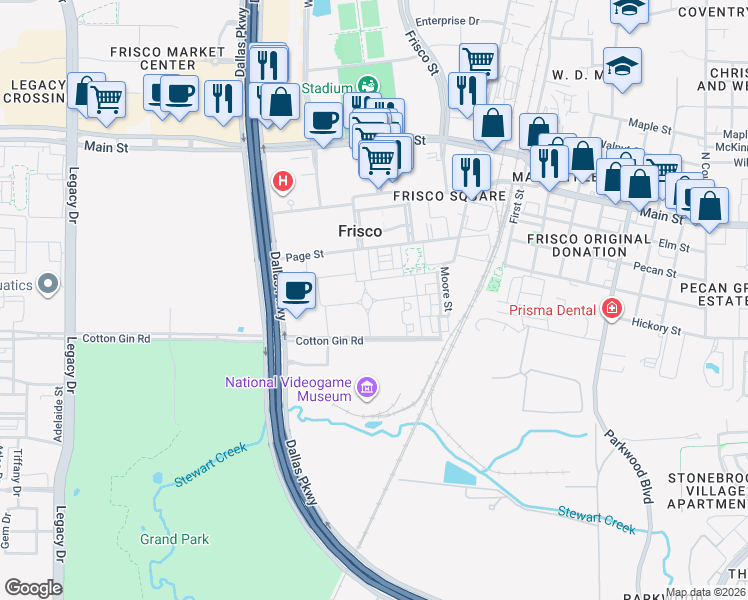 map of restaurants, bars, coffee shops, grocery stores, and more near Cotton Gin Road in Frisco