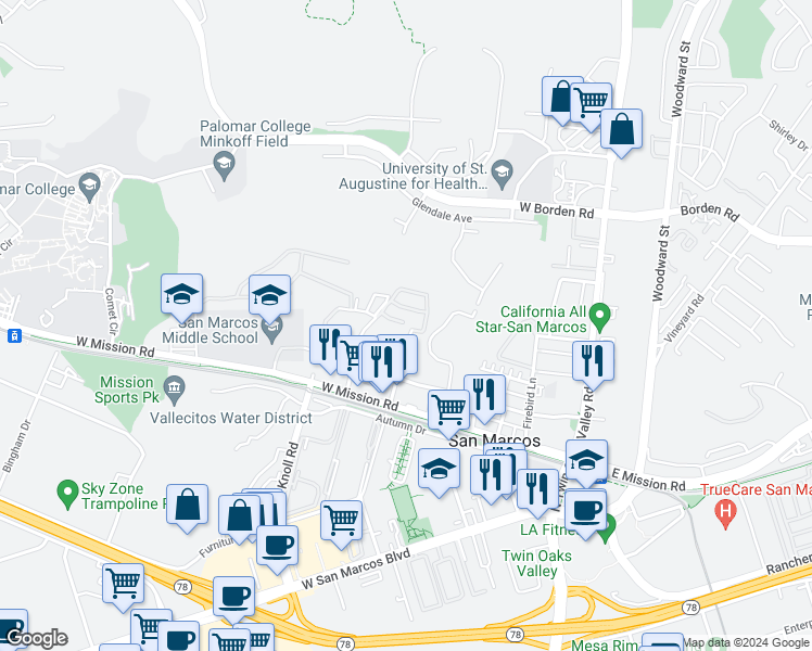 map of restaurants, bars, coffee shops, grocery stores, and more near 613 Bush Lane in San Marcos