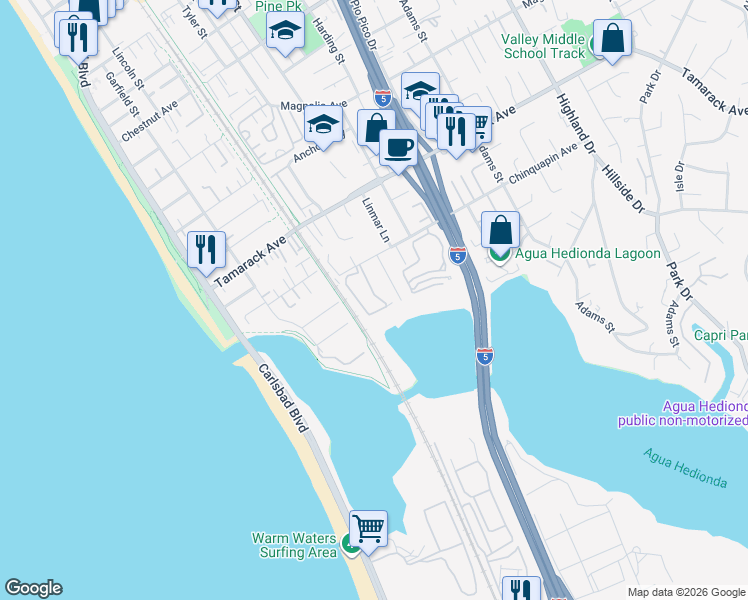 map of restaurants, bars, coffee shops, grocery stores, and more near 4016 Aguila Street in Carlsbad