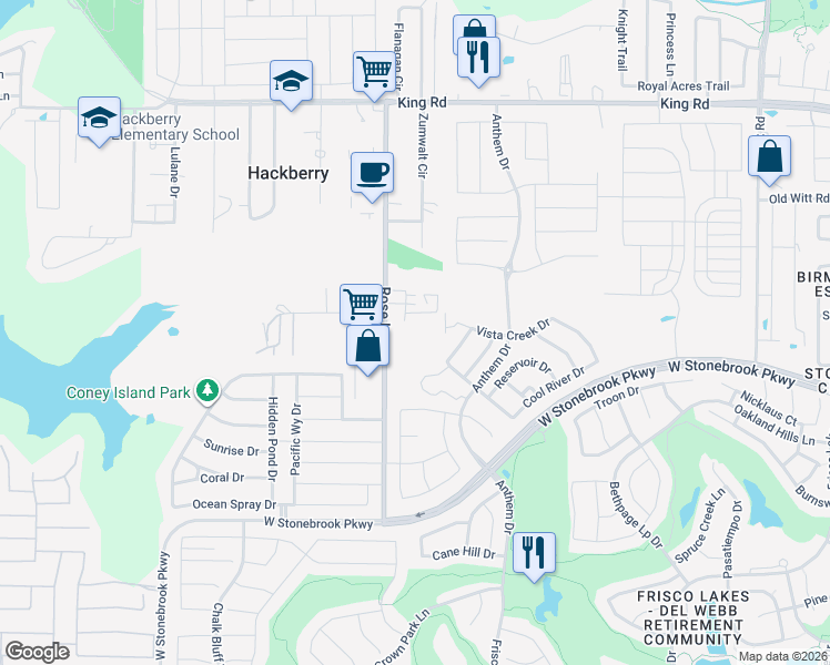 map of restaurants, bars, coffee shops, grocery stores, and more near 301 Rose Ln in Frisco
