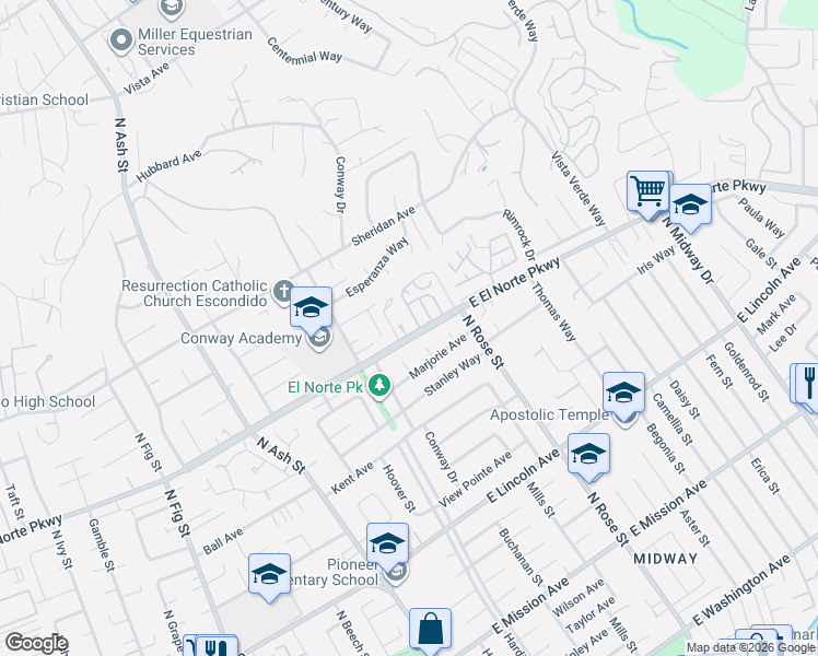 map of restaurants, bars, coffee shops, grocery stores, and more near 1422 East El Norte Parkway in Escondido