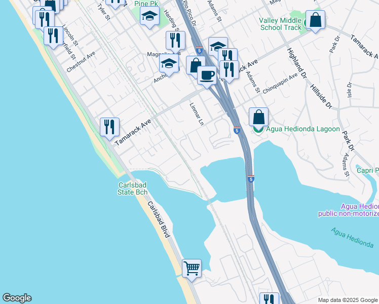 map of restaurants, bars, coffee shops, grocery stores, and more near 4008 Aguila Street in Carlsbad
