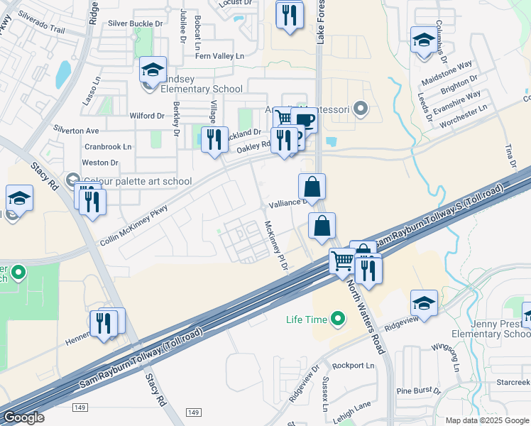 map of restaurants, bars, coffee shops, grocery stores, and more near 5701 McKinney Place Drive in McKinney