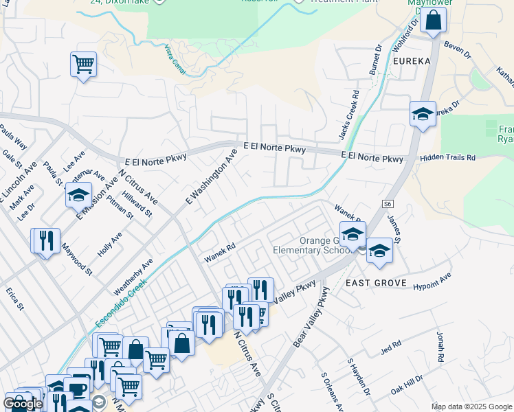 map of restaurants, bars, coffee shops, grocery stores, and more near 2566 White Oak Place in Escondido