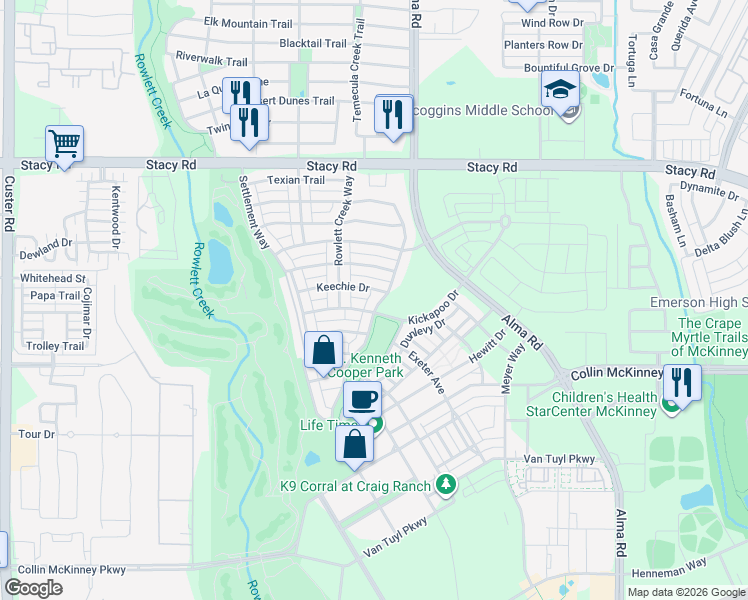 map of restaurants, bars, coffee shops, grocery stores, and more near 5651 Squeezepenny Lane in McKinney