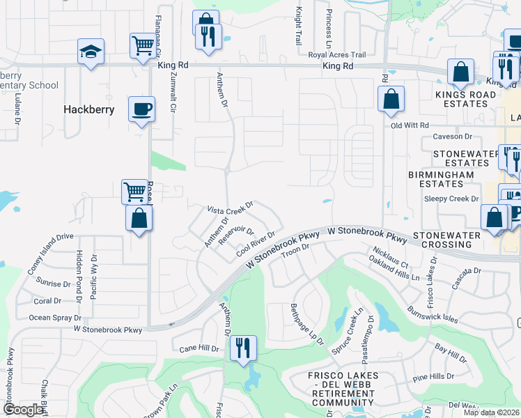 map of restaurants, bars, coffee shops, grocery stores, and more near 8152 Harlow Lane in Frisco