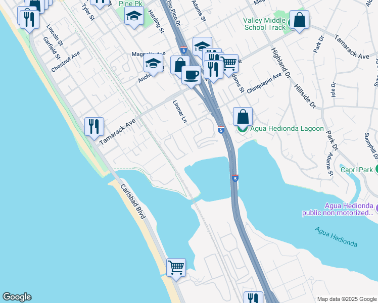 map of restaurants, bars, coffee shops, grocery stores, and more near 4165 Harbor Drive in Carlsbad