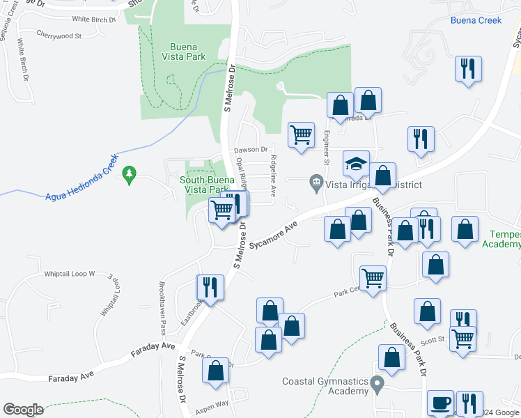 map of restaurants, bars, coffee shops, grocery stores, and more near 2110 Opal Ridge in Vista