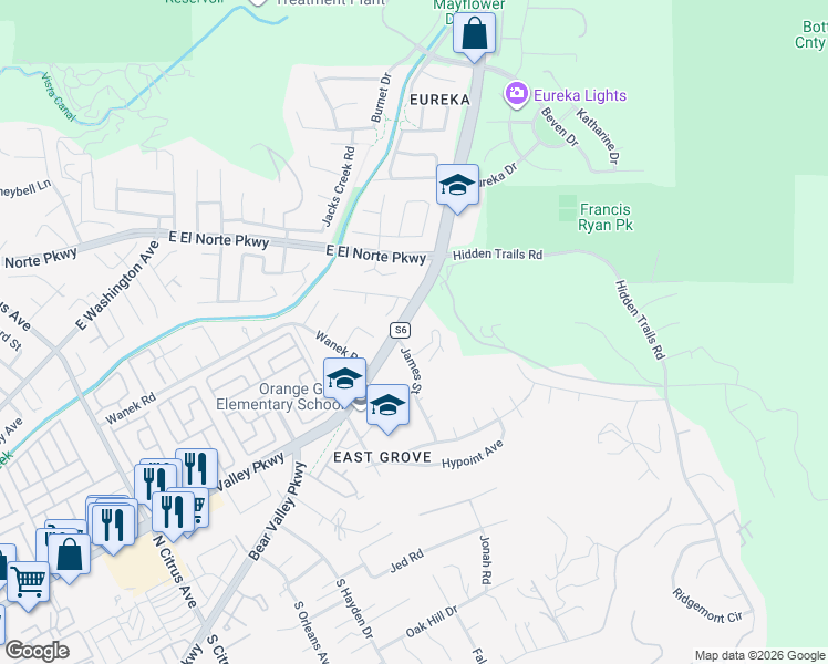 map of restaurants, bars, coffee shops, grocery stores, and more near 3015 East Valley Parkway in Escondido
