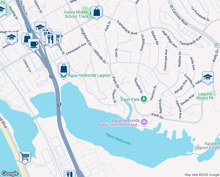 map of restaurants, bars, coffee shops, grocery stores, and more near 4588 Adams Street in Carlsbad