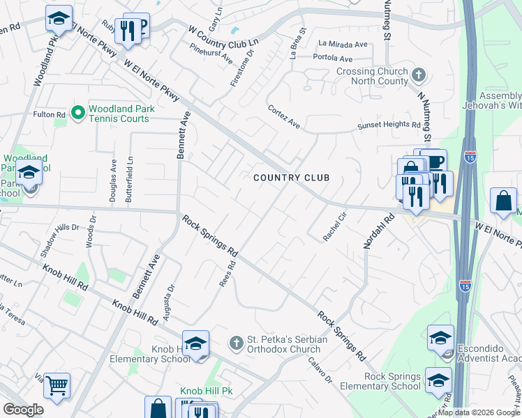 map of restaurants, bars, coffee shops, grocery stores, and more near 1189 Rees Road in Escondido