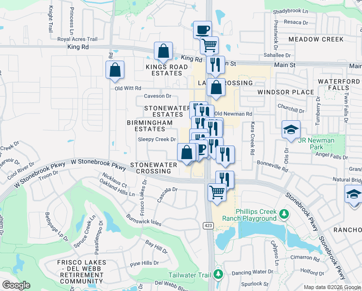 map of restaurants, bars, coffee shops, grocery stores, and more near 8211 Flintrock Drive in Frisco
