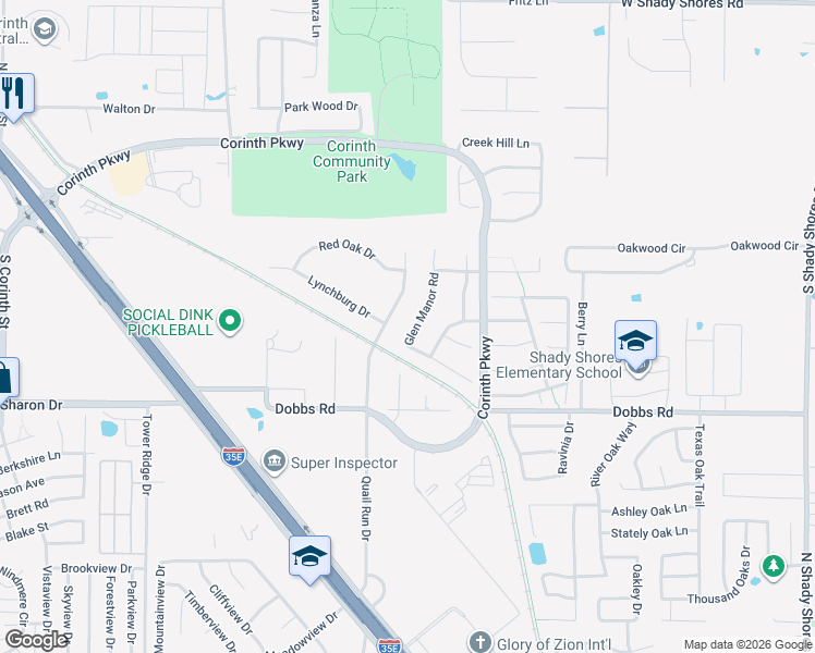 map of restaurants, bars, coffee shops, grocery stores, and more near 2111 Glen Manor Road in Corinth
