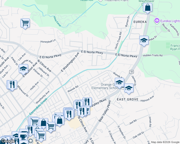 map of restaurants, bars, coffee shops, grocery stores, and more near 521 Sandalwood Place in Escondido