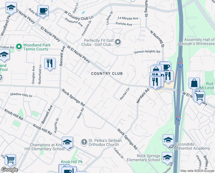 map of restaurants, bars, coffee shops, grocery stores, and more near 1960 McLees Court in Escondido