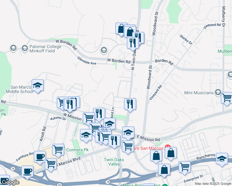 map of restaurants, bars, coffee shops, grocery stores, and more near 138 Christen Way in San Marcos