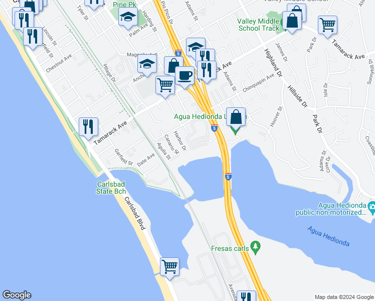 map of restaurants, bars, coffee shops, grocery stores, and more near 4165 Harbor Drive in Carlsbad