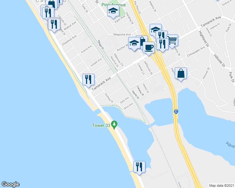 map of restaurants, bars, coffee shops, grocery stores, and more near 295 Chinquapin Avenue in Carlsbad
