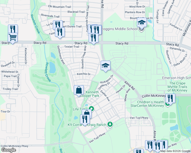 map of restaurants, bars, coffee shops, grocery stores, and more near 5651 Squeezepenny Lane in McKinney