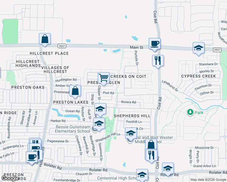 map of restaurants, bars, coffee shops, grocery stores, and more near 8208 Reel Street in Frisco