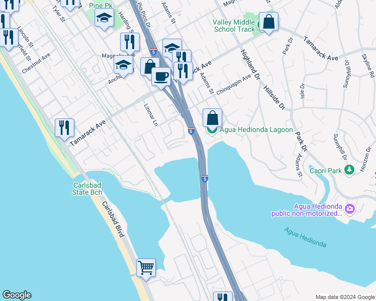 map of restaurants, bars, coffee shops, grocery stores, and more near 823 Kalpati Circle in Carlsbad