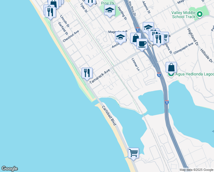 map of restaurants, bars, coffee shops, grocery stores, and more near 242 Chinquapin Avenue in Carlsbad