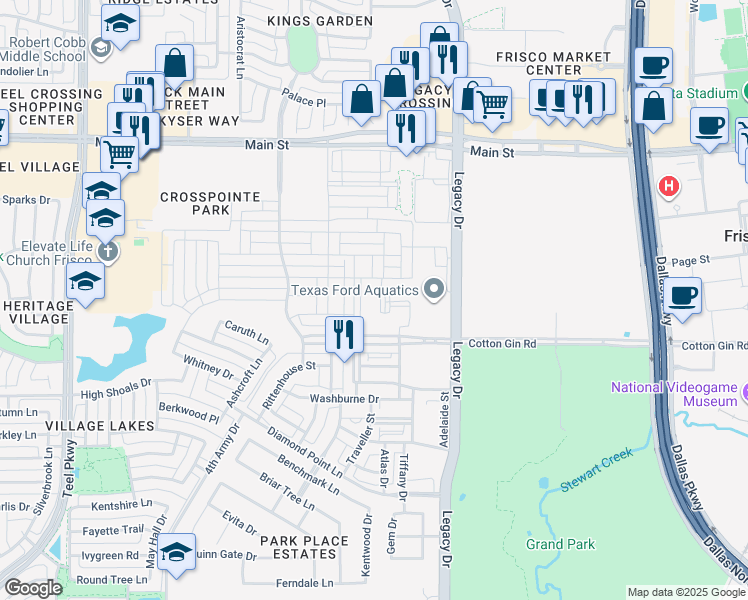map of restaurants, bars, coffee shops, grocery stores, and more near 4220 Cotton Gin Road in Frisco