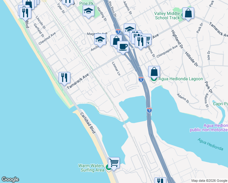 map of restaurants, bars, coffee shops, grocery stores, and more near 4009 Canario Street in Carlsbad