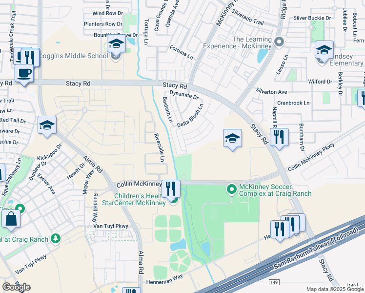 map of restaurants, bars, coffee shops, grocery stores, and more near 5700 Natchez Lane in McKinney