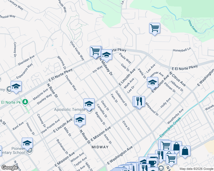 map of restaurants, bars, coffee shops, grocery stores, and more near 1930 East Lincoln Avenue in Escondido