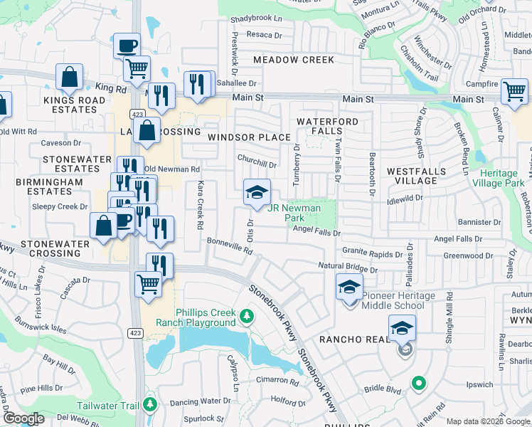 map of restaurants, bars, coffee shops, grocery stores, and more near 8200 Otis Drive in Frisco