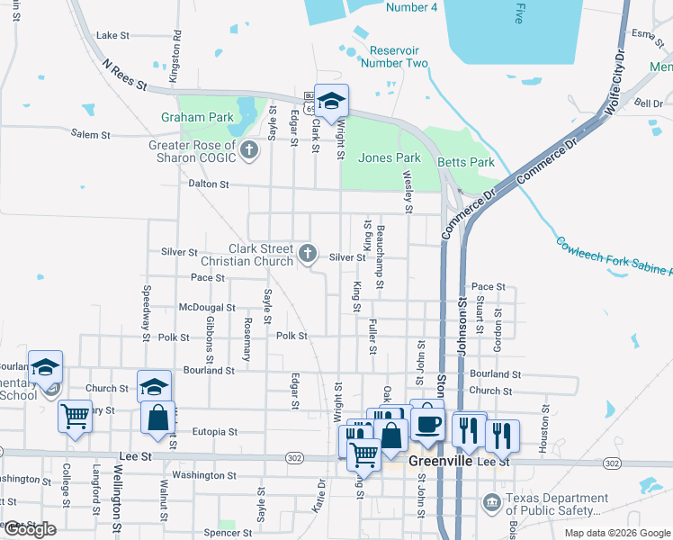 map of restaurants, bars, coffee shops, grocery stores, and more near 1513 Clark Street in Greenville