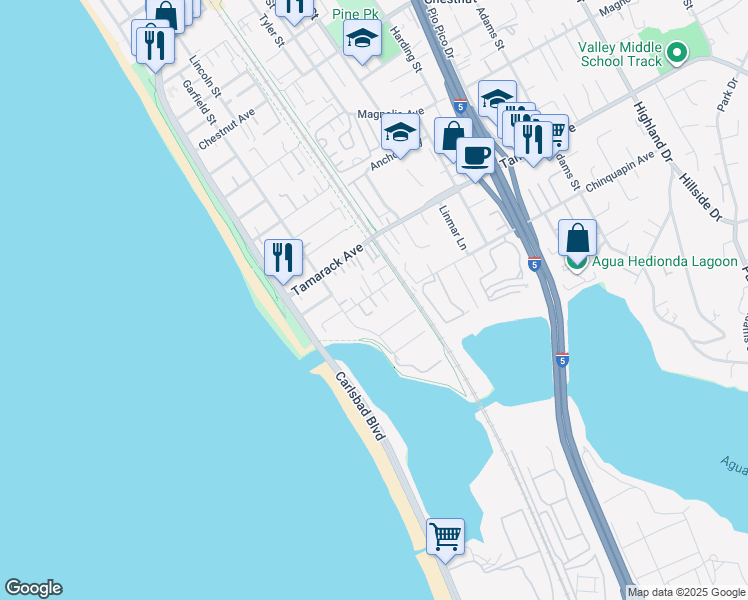 map of restaurants, bars, coffee shops, grocery stores, and more near 295 Chinquapin Avenue in Carlsbad