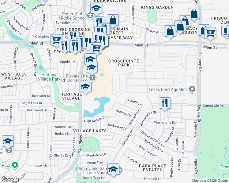 map of restaurants, bars, coffee shops, grocery stores, and more near 3310 River Trail in Frisco