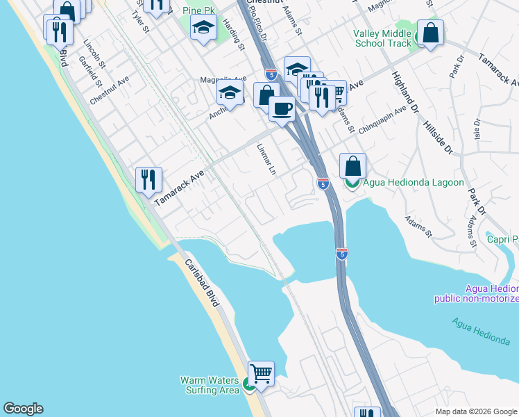 map of restaurants, bars, coffee shops, grocery stores, and more near 4015 Canario Street in Carlsbad