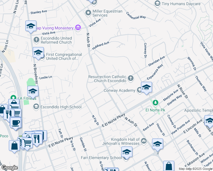 map of restaurants, bars, coffee shops, grocery stores, and more near 1502 North Ash Street in Escondido