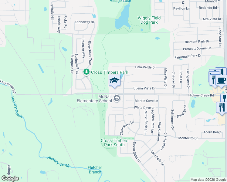 map of restaurants, bars, coffee shops, grocery stores, and more near 1102 Buena Vista Drive in Denton