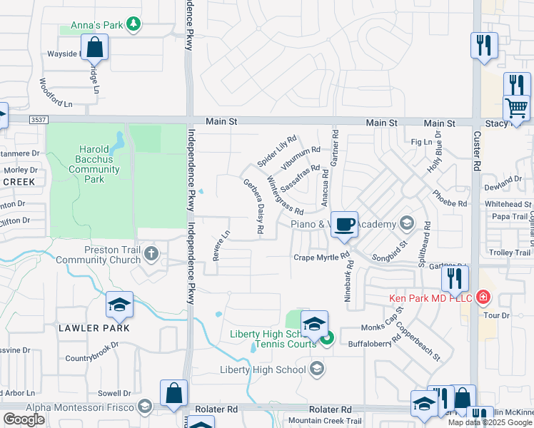map of restaurants, bars, coffee shops, grocery stores, and more near 8483 Twistpine Road in Frisco