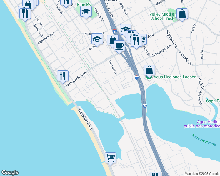 map of restaurants, bars, coffee shops, grocery stores, and more near 4016 Aguila Street in Carlsbad