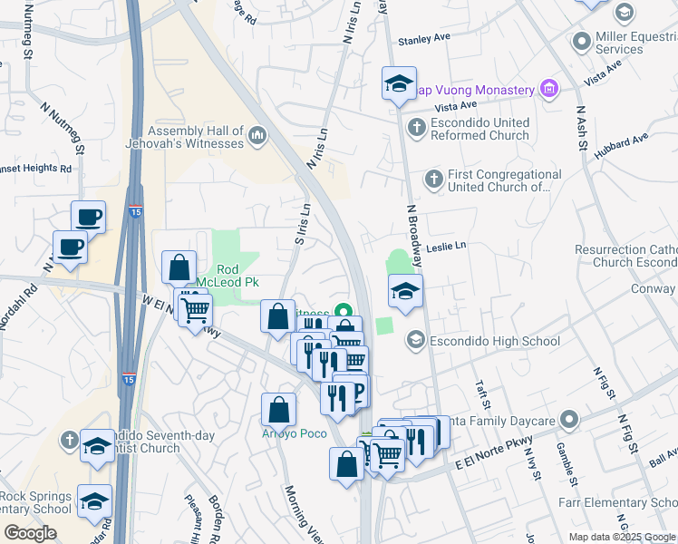 map of restaurants, bars, coffee shops, grocery stores, and more near 312 Mahogany Glen in Escondido