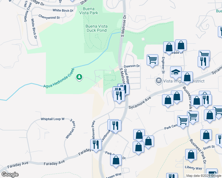 map of restaurants, bars, coffee shops, grocery stores, and more near 1632 Mountain Pass Circle in Vista