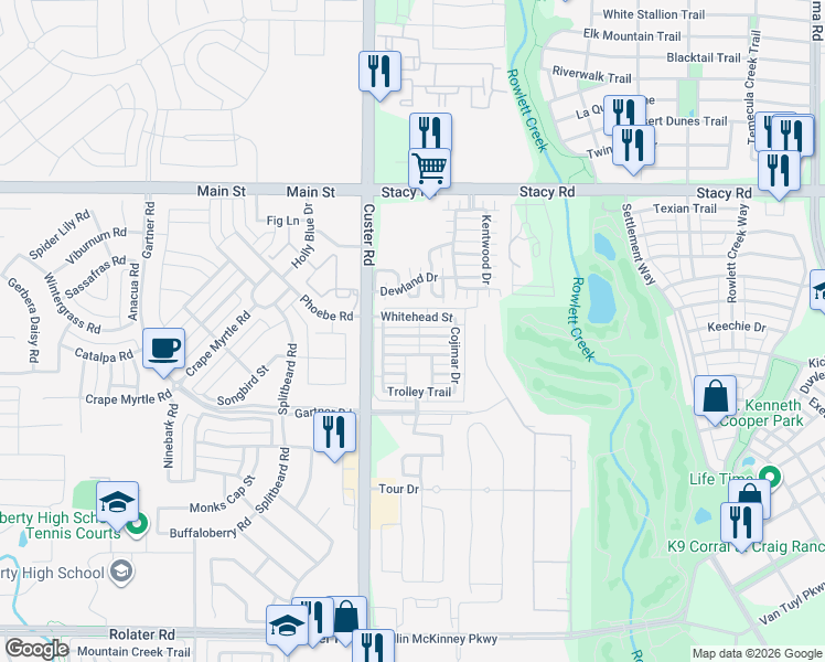 map of restaurants, bars, coffee shops, grocery stores, and more near 8912 Stargazer Drive in McKinney