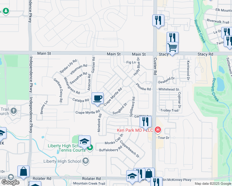 map of restaurants, bars, coffee shops, grocery stores, and more near Custer Rd in McKinney