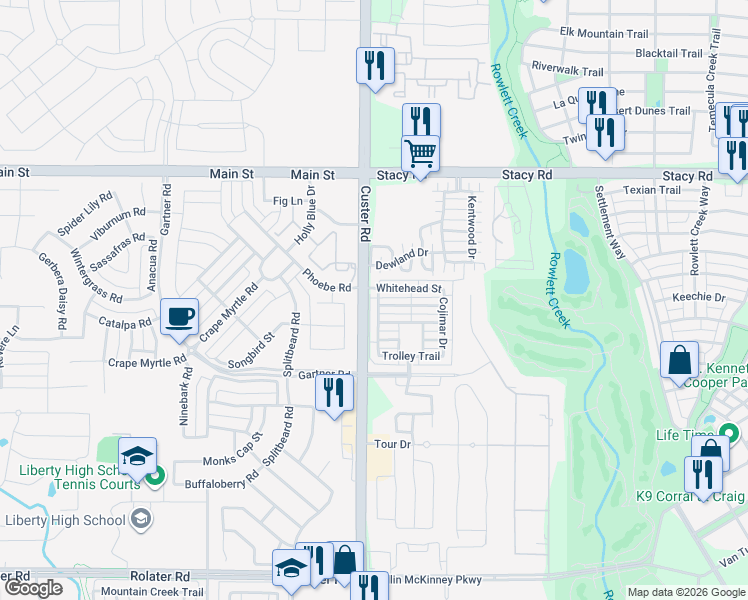map of restaurants, bars, coffee shops, grocery stores, and more near 8912 Stargazer Drive in McKinney
